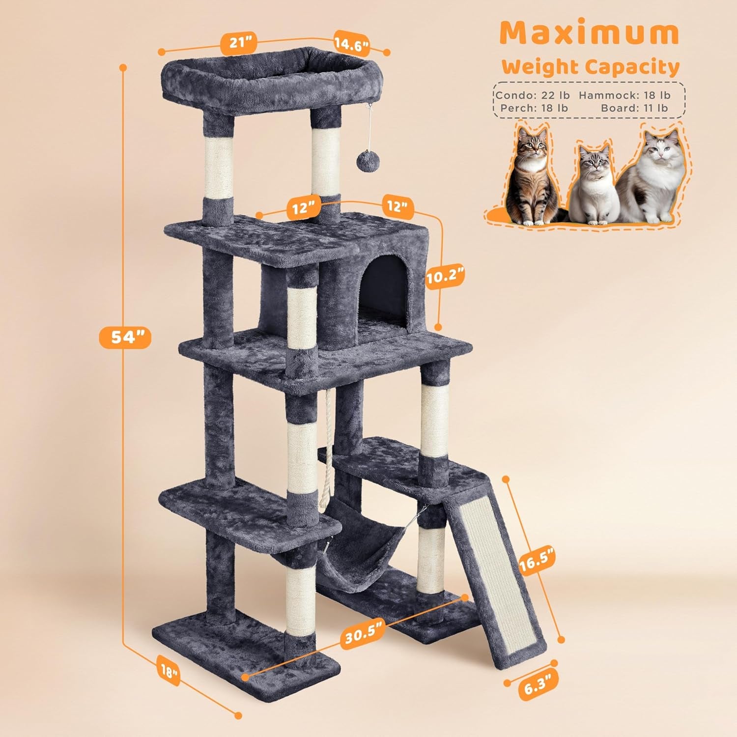 Yaheetech 54In Cat Tree Tower, Multi-Level Pet Stand Furniture with Hammock Scratching Posts Condo Extended Platform for Indoor Cats Large to Play and Sleep