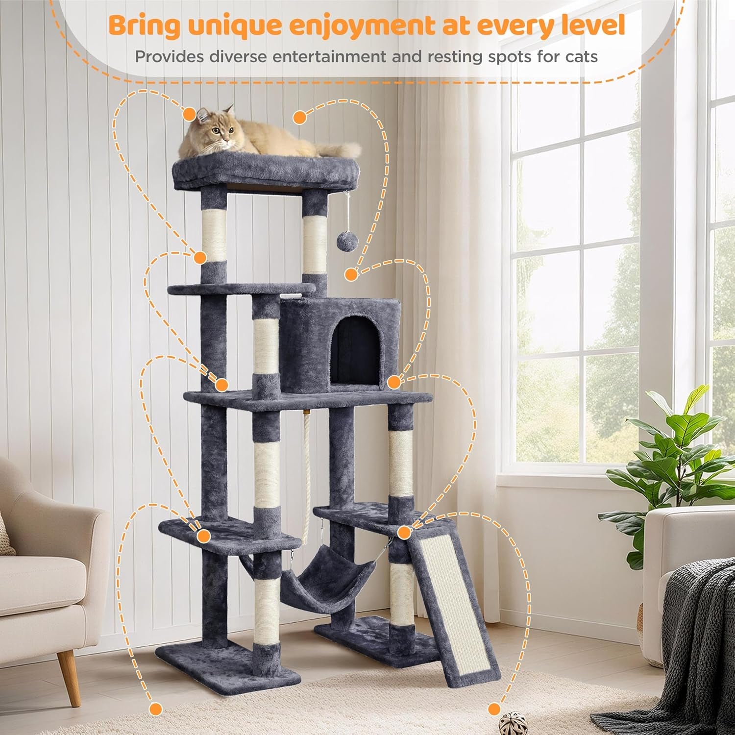 Yaheetech 54In Cat Tree Tower, Multi-Level Pet Stand Furniture with Hammock Scratching Posts Condo Extended Platform for Indoor Cats Large to Play and Sleep