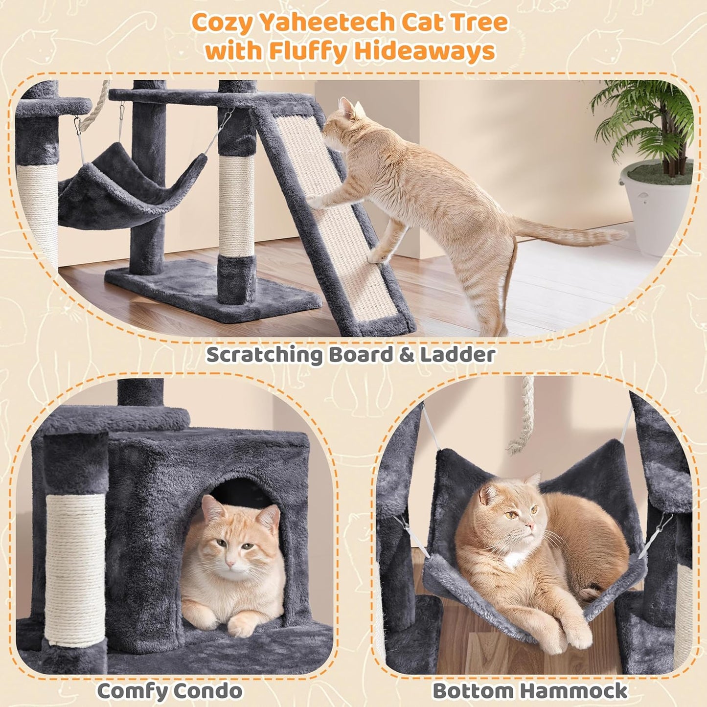 Yaheetech 54In Cat Tree Tower, Multi-Level Pet Stand Furniture with Hammock Scratching Posts Condo Extended Platform for Indoor Cats Large to Play and Sleep